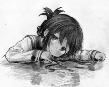 Rule 34 | 1girl, blush, commentary request, folded ponytail, graphite (medium), greyscale, head rest, inazuma (kancolle), irogawara naomitu, kantai collection, looking at viewer, monochrome, school uniform, serafuku, solo, traditional media, upper body