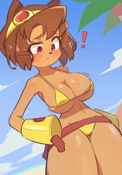! 1girl absurdres alternate_breast_size_(larger) alternate_costume animal_ears beach bikini blush breasts brown_hair cat_ears cat_girl cleavage commentary cowboy_shot curvy dark-skinned_female dark_skin english_commentary furry furry_female gameoverse gauntlets goggles goggles_on_head hand_on_own_hip highres kit_bodega large_breasts linea_alba looking_at_viewer looking_down madabau micro_bikini multicolored_bikini navel official_alternate_costume red_bikini red_eyes short_hair solo swimsuit thick_thighs thighs two-tone_bikini whiskers wide_hips yellow_bikini yellow_gauntlets