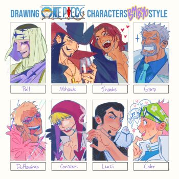 Rule 34 | 6+boys, animal, animal on shoulder, beard, bird, bird on shoulder, blonde hair, blush, bombyoon, brothers, commentary, copyright name, cross pendant, cup, donquixote doflamingo, donquixote rocinante, dracule mihawk, english commentary, eyewear on head, facial hair, goatee, hat feather, hattori (one piece), headscarf, heart, highres, holding, holding cup, hood, koby (one piece), male focus, monkey d. garp, monkey d. luffy, multiple boys, one eye closed, one piece, pell (one piece), pigeon, pink hair, red hair, rob lucci, shanks (one piece), short hair, siblings, sparkle, tongue, tongue out