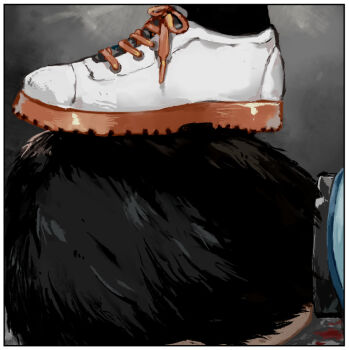 1boy 1girl artist_self-insert black_hair black_socks blue_shirt close-up collar commentary_request hinami_(pageratta) metal_collar original pageratta shirt shoes socks stepped_on white_shoes