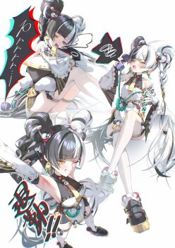 1girl absurdres ahoge aqua_nails armpits arms_up bangboo_(zenless_zone_zero) bare_shoulders bell bell_earrings black_hair blush braid braided_twintails china_dress chinese_clothes commentary_request corded_phone crossed_legs detached_sleeves dialyn_(zenless_zone_zero) doll dress earrings grin hair_extensions hair_ornament highres holding holding_stuffed_toy hugging_doll hugging_object jewelry long_hair long_sleeves multicolored_hair multicolored_nails nagomi_naka necktie one_eye_closed open_mouth panda_hair_ornament phone pink_nails ring_hair_extensions shoes sitting smile sneakers solo split-color_hair stretching stuffed_animal stuffed_toy talking_on_phone teeth thighhighs white_hair white_thighhighs wire yawning yellow_eyes yellow_necktie zenless_zone_zero