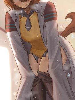 1girl agnes_tachyon_(tach-nology)_(umamusume) agnes_tachyon_(umamusume) ahoge black_pantyhose blush breasts brown_hair closed_mouth coat eyes_out_of_frame hair_between_eyes head_out_of_frame highres horse_girl horse_tail johnholl0w lab_coat long_sleeves medium_hair necktie pantyhose partially_undressed shirt short_necktie sleeves_past_fingers sleeves_past_wrists smile solo sweat sweater sweater_vest tail thighs umamusume undressing white_coat yellow_sweater yellow_sweater_vest