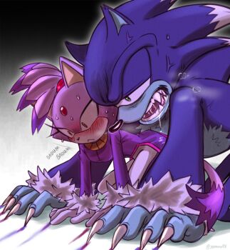 1boy 1girl animal_ears artist_name blaze_the_cat blue_fur blush cat_ears cat_girl cat_tail claws fangs forehead_jewel furry furry_female furry_male green_eyes heavy_breathing saliva sonic_(series) sonic_the_hedgehog sonic_the_werehog sweat tail yellow_eyes yeonwu08