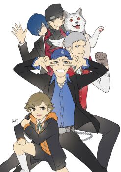 5boys absurdres amada_ken animal aragaki_shinjirou artist_name bad_tag baseball_cap beanie belt black_hair black_jacket black_pants black_shorts blue_hair blue_shirt brown_gloves brown_hair clenched_hand coat collared_shirt commentary da-cart dog double_w english_commentary feet_out_of_frame flat_color gekkoukan_high_school_uniform gloves grey_hair grin hair_over_one_eye hat helmet highres hood hood_down hoodie iori_junpei jacket jewelry koromaru_(persona) long_sleeves looking_at_viewer male_focus multiple_boys necklace open_clothes open_jacket open_mouth orange_hoodie pants persona persona_3 red_coat red_sweater_vest sanada_akihiko school_uniform shirt shorts smile socks sweater_vest w wallet_chain waving white_background white_shirt white_socks yuuki_makoto_(persona_3)