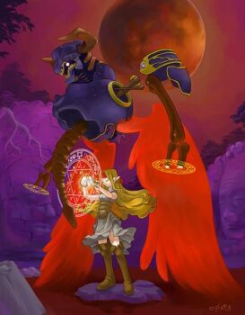 1girl archived_source armor artist_name bad_link blonde_hair bone boots branch breasts brown_boots closed_eyes colossal_sculpture dress fake_horns fantasy floating_armor full_body glowing glowing_eyes helmet hexagram hirai_yukio horned_helmet horns legs_apart living_armor long_hair magic_circle medium_breasts moon night orange_moon original outdoors pauldrons pointy_ears purple_armor red_sky red_water red_wings sculpture short_dress shoulder_armor sidelocks signature sky sleeveless sleeveless_dress spine thigh_boots tree very_long_hair wavy_sidelocks white_dress wings