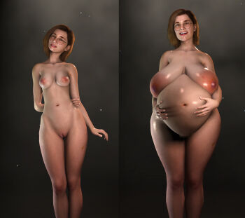 3d absurdres age_difference age_progression aged_up before_and_after belly_grab big_belly breasts breasts_apart brown_hair bruise cleft_of_venus completely_nude glasses hand_behind happy highres huge_areolae huge_nipples injury large_areolae large_breasts navel nude pregnant pussy realistic sagging_breasts short_hair small_breasts smile standing