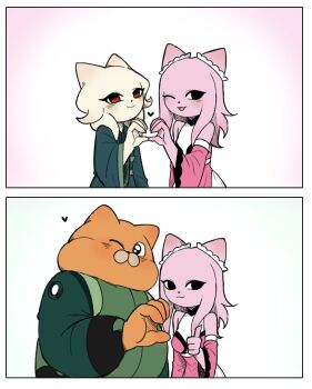 1boy 2girls black_eyes blue_hanfu cat_boy cat_girl closed_mouth detached_sleeves dress furry furry_female hanfu heart heart_hands heart_hands_duo heart_hands_failure heng_(nine_sols) highres kuafu_(nine_sols) multiple_girls nine_sols one_eye_closed open_mouth orange_fur pink_dress pink_fur red_eyes sash simple_background smile thumbs_up white_background white_fur wide_sleeves yyang_gg