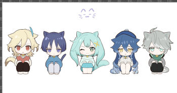 2girls 3boys :&lt; :3 ahoge alhaitham_(genshin_impact) alternate_costume animal_ears aqua_collar aqua_eyes aqua_hair aqua_skirt aqua_sweater barefoot bell beret black_pants blonde_hair blue_feathers blue_hair blue_sweater blush_stickers bright_pupils cable_knit casual cat_boy cat_ears cat_girl cat_tail chibi choppy_bangs closed_mouth collar collared_shirt colored_tips contemporary cowlick double-parted_bangs drill_hair faruzan_(genshin_impact) feather_hair_ornament feathers genshin_impact green_eyes green_scarf grey_hair grey_sweater hair_between_eyes hair_ornament hair_over_one_eye hands_on_own_thighs hat highres jingle_bell kaveh_(genshin_impact) layla_(genshin_impact) long_hair looking_at_viewer measurements multicolored_hair multiple_boys multiple_girls pants parted_lips pom_pom_(clothes) purple_hair red_collar red_eyes red_pupils red_sweater ribbed_sweater ringlets sakanomachico scaramouche_(genshin_impact) scarf shirt sidelocks sitting skirt sleeveless sleeveless_sweater straight-on sweater symbol-shaped_pupils tail triangle-shaped_pupils twin_drills twintails undershirt white_collar white_hair white_pants white_pupils white_shirt white_sweater x_hair_ornament yellow_eyes