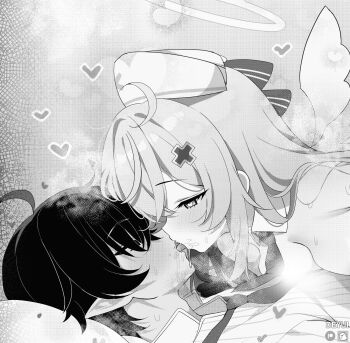 1boy 1girl ahoge angel angel_wings artist_name beatrixa_(stella_sora) blush breasts collared_shirt deyui drooling fanbox_logo french_kiss greyscale hair_ornament halo hat heart heart-shaped_pupils highres kiss large_breasts long_hair male_tyrant_(stella_sora) monochrome necktie nurse_cap patreon_logo pointy_ears saliva shirt short_hair stella_sora symbol-shaped_pupils tyrant_(stella_sora) wings x_hair_ornament