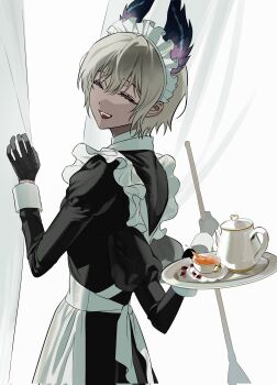 1girl alternate_costume apron arknights bird_girl black_dress black_feathers black_gloves broom closed_eyes commentary_request cup dark-skinned_female dark_skin dress enmaided extra_arms feathers gloves grey_hair head_wings highres holding holding_broom holding_tray long_sleeves maid maid_apron maid_headdress mevii12345 open_mouth puffy_long_sleeves puffy_sleeves raidian_(arknights) short_hair solo tea teacup teapot tray white_background wings