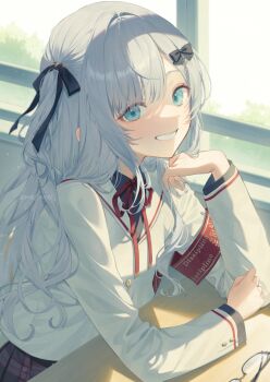 1girl arm_on_table armband black_bow black_ribbon black_shirt black_skirt blue_eyes bow brown_jacket commentary_request cross_hair_ornament desk elbow_on_table grey_hair grin hair_bow hair_ornament hair_ribbon highres indoors jacket kaga_sumire kaga_sumire_(9th_costume) long_hair long_sleeves looking_at_viewer me_meel neck_ribbon plaid_clothes plaid_skirt pleated_skirt red_armband red_ribbon ribbon school_desk school_uniform shirt skirt smile solo two_side_up unworn_eyewear upper_body virtual_youtuber vspo! window