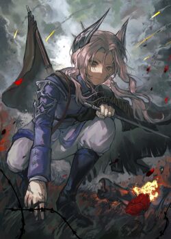 1girl black_cape blue_bow blue_jacket bow cape closed_mouth dagger fire flower full_body grass grey_eyes grey_hair grey_horns grey_sky gun hegai highres holding holding_dagger holding_knife holding_weapon horns jacket knife long_hair long_sleeves military_uniform overcast pants petrification poppy_(flower) red_flower reverse:1999 rifle sentinel_(reverse:1999) sky solo squatting weapon white_pants