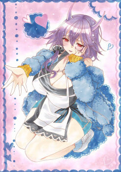 1girl azur_lane breasts dress hand_on_own_face heart highres junyou_(azur_lane) kneeling long_hair low_ponytail no_shoes ponytail purple_hair red_eyes smile solo uzuharu_(uduharu)