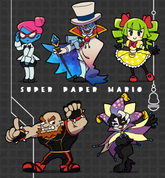 2girls 3boys bald beard black_gloves black_hair black_legwear blue_hair blue_skin bracelet cape clenched_teeth clown clown_boy colored_skin copyright_name count_bleck dimentio dress drill_hair facial_hair fingerless_gloves glasses gloves green_hair hair_bun hair_ribbon hat high_collar highres holding holding_weapon indoors jester jester_boy jester_cap jewelry long_hair mario_(series) mask mimi_(paper_mario) monocle multicolored_hair multiple_boys multiple_girls nastasia nintendo o&#039;chunks opaque_glasses opaque_monocle open_mouth pants pantyhose paper_mario personification pink_hair polka_dot polka_dot_dress red-framed_eyewear ribbon single_hair_bun smile spiked_bracelet spikes staff star_(symbol) star_print super_paper_mario teeth top_hat twin_drills twintails ukata weapon white_hair white_legwear yellow_dress