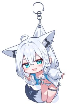 1girl ahoge animal_ears bikini breasts chibi cleavage deaver deformed fox_ears fox_girl fox_shadow_puppet full_body highres hololive jacket jacket_over_swimsuit long_hair open_clothes open_jacket shirakami_fubuki side-tie_bikini_bottom simple_background solo swimsuit virtual_youtuber white_background white_bikini white_hair white_jacket