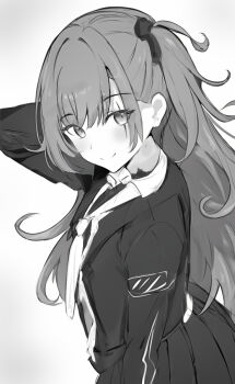 1girl arm_up blush bow collared_shirt commentary_request cowboy_shot dress_shirt from_side girls'_frontline girls'_frontline_2:_exilium greyscale hair_between_eyes hair_bow jacket leva_(girls'_frontline_2) long_hair long_sleeves looking_at_viewer loose_socks monochrome one_side_up open_clothes open_jacket pleated_skirt raifu_(rf) scar scar_across_eye scar_on_face shirt sidelocks skirt smile socks solo turning_head ump45_(girls'_frontline) very_long_hair