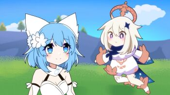 animal_ears artist_self-insert blue_eyes blue_hair closed_mouth commentary cosplay english_commentary feather_hair_ornament feathers flower genshin_impact hair_flower hair_ornament highres indie_virtual_youtuber light_blush light_smile lumine_(genshin_impact) paimon_(genshin_impact) pale_skin tail virtual_youtuber white_flower wolf_ears wolf_girl wolf_tail wolfychu