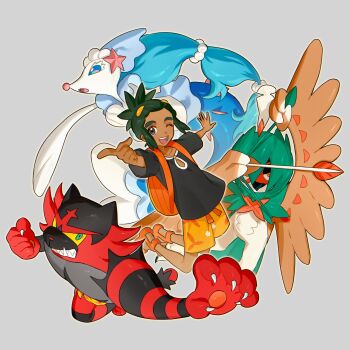 1boy arrow_(projectile) backpack bag black_shirt blue_eyes bow_(weapon) brown_eyes claws clenched_hand clothing_cutout colored_sclera commentary crew_neck dark-skinned_male dark_skin decidueye floral_print fua1heyvot4ifsr gen_7_pokemon green_eyes green_hair grey_background hair_intakes hair_ornament hau_(pokemon) highres incineroar male_focus nintendo one_eye_closed open_mouth orange_bag orange_sandals orange_shoes orange_shorts outstretched_arm pokemon pokemon_(creature) pokemon_sm ponytail primarina sandals sharp_teeth shirt shoes short_sleeves shorts starfish_hair_ornament symbol-only_commentary teeth tongue upper_teeth_only weapon yellow_eyes yellow_sclera