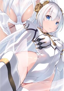 1girl ar_tonelico ar_tonelico_i ass blue_eyes braid breasts closed_mouth gloves hair_ornament highres leotard long_hair looking_at_viewer p_answer shurelia_(ar_tonelico) simple_background solo thighhighs twin_braids very_long_hair white_background white_hair white_thighhighs