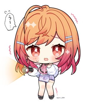 1girl black_shoes blush chibi chibi_only commentary_request flashlight full_body gradient_hair hair_ornament hairclip highres holding holding_flashlight hololive hololive_dev_is ichijou_ririka jacket kashiwase_karune long_hair long_sleeves multicolored_hair open_clothes open_jacket open_mouth orange_hair parallel_hairclips pink_shirt purple_skirt red_eyes red_hair shirt shoes simple_background skirt solo standing translated trembling twitter_username two-tone_hair virtual_youtuber white_background white_jacket