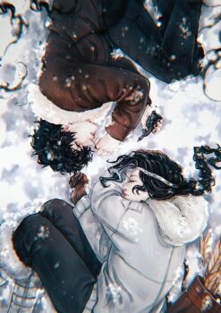 Rule 34 | 1boy, 1girl, arrow (projectile), bianca di angelo, black hair, braid, brother and sister, brown gloves, brown jacket, coat, from above, fur trim, gloves, headband, highres, holding figure, jacket, looking at another, lying, nico di angelo, oladushekcos, on side, percy jackson and the olympians, quiver, short hair, siblings, smile, snow, snowing, white coat, winter clothes, winter coat