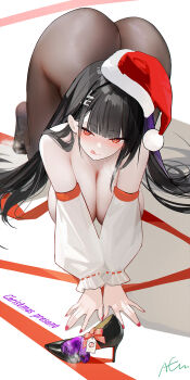 1girl :d all_fours ass black_hair blue_archive blush breasts breasts_out brown_pantyhose detached_sleeves dot_nose female_pervert fur-trimmed_headwear fur_trim hair_ornament hair_spread_out hairclip hanging_breasts hat heavy_breathing highres huge_breasts large_breasts licking_lips long_hair looking_at_viewer no_bra no_panties omone_hokoma_agm open_mouth pantyhose pervert red_eyes red_hat rio_(blue_archive) santa_hat bad_tag smile smug steam steaming_body thick_thighs thighs tongue tongue_out topless_female