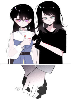 2girls bang_dream! bang_dream!_it&#039;s_mygo!!!!! belt black_belt black_gloves black_hair black_shirt blush closed_mouth commentary earrings gloves green_eyes heart_hands_failure highres holding_hands jewelry long_hair multiple_girls photo-referenced purple_eyes shiina_taki shirt short_hair simple_background single_earring thumbs_up voice_actor_connection white_background yahata_umiri yuri zikiki1092