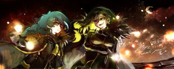 1girl 1other absurdres aoruuto ascot binah_(project_moon) black_background black_coat black_dress black_eyes black_hair blonde_hair blue_hair braid breasts coat coat_on_shoulders colored_inner_hair commission crescent dress earrings fur-trimmed_coat fur_trim highres jewelry librarian_(project_moon) library_of_ruina long_hair long_sleeves looking_at_another mole mole_under_eye multicolored_hair nugget_(project_moon) project_moon red_eyes simple_background skeb_commission smile standing thank_you upper_body yellow_ascot