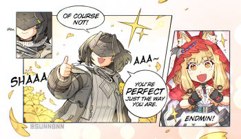 Rule 34 | 2girls, :d, animal ears, arknights, arknights: endfield, artist name, black gloves, black hair, black jacket, blindfold mask, blonde hair, cape, closed mouth, commentary, dress, ears through headwear, endministrator (arknights), english commentary, english text, fangs, female endministrator (arknights), fingerless gloves, gloves, hood, hood up, hooded cape, jacket, mask, multiple girls, open mouth, red cape, rossi (arknights), smile, sparkle, speech bubble, sunnbnn, sweater, thumbs up, twitter username, white dress, white sweater, wolf ears, wolf girl