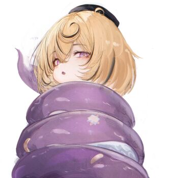 1girl absurdres black_hair black_hat blonde_hair hat highres looking_at_viewer monster_girl multicolored_hair open_mouth purple_eyes renoahh ringed_eyes scylla short_hair simple_background solo streaked_hair tentacles upper_body white_background wrapped_up yidhari_murphy zenless_zone_zero