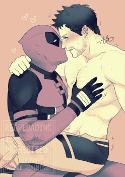 2boys beard black_gloves blush bodysuit chest_hair couple deadpool deadpool_&amp;_wolverine deadpool_(series) facial_hair full-face_blush gloves heart highres looking_at_another male_focus marvel marvel mask multiple_boys muscular muscular_male nipples pectoral_grab pectorals sherlock7akane signature sitting sitting_on_lap sitting_on_person superhero_costume sweatdrop wolverine_(x-men) x-men yaoi
