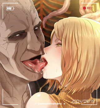 1boy 1girl ashley_graham bare_shoulders blonde_hair brown_sweater butcha-u dated hetero highres kiss recording resident_evil saliva saliva_trail short_hair sweater tongue tongue_out ugly_bastard upper_body yellow_eyes