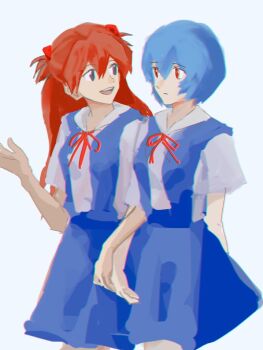 2girls ayanami_rei bad_id bad_twitter_id blue_dress blue_hair dress expressionless highres holding_hands interface_headset_(evangelion) long_hair looking_at_another multiple_girls neck_ribbon neon_genesis_evangelion open_mouth pinafore_dress red_eyes red_hair red_ribbon ribbon school_uniform shirt short_hair simple_background sleeveless sleeveless_dress souryuu_asuka_langley swirl9017 teeth tokyo-3_middle_school_uniform upper_teeth_only white_background white_shirt