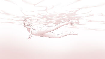 Rule 34 | 1girl, bare shoulders, barefoot, caustics, flower, full body, hair flower, hair ornament, highleg, highleg one-piece swimsuit, highres, kokkoro (princess connect!), monochrome, one-piece swimsuit, pointy ears, princess connect!, rou (rou22), sepia, short hair, swimming, swimsuit, underwater