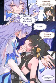 +++ 2girls black_bow black_gloves black_hair blue_eyes bow breasts cantarella_(wuthering_waves) closed_mouth commentary_request earrings english_text eye_contact facial_mark female_rover_(wuthering_waves) fingernails gloves hair_between_eyes hair_bow hair_ornament hair_ribbon hairclip hand_on_another&#039;s_chin headdress highres holding jewelry large_breasts long_hair looking_at_another mark_under_eye mole mole_under_eye multiple_girls nail_polish notice_lines parallel_hairclips parted_lips purple_hair purple_nails ribbon rover_(wuthering_waves) smile starblame triangle_earrings wuthering_waves yellow_eyes yellow_ribbon yuri