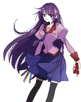 1girl bakemonogatari black_thighhighs blue_eyes blue_necktie blue_skirt boxcutter breasts closed_mouth commentary feet_out_of_frame holding holding_stapler juliet_sleeves long_hair long_sleeves looking_at_viewer medium_breasts monogatari_(series) naoetsu_high_school_uniform necktie pleated_skirt puffy_sleeves purple_hair school_uniform senjougahara_hitagi signature simple_background sketch skirt smile solo standing thighhighs very_long_hair white_background yasu_urayaka zettai_ryouiki