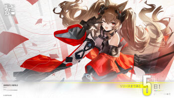 1girl :d angelina_(arknights) animal_ear_fluff animal_ears arknights arknights:_endfield artist_request bare_shoulders belt bloom bracelet brown_hair coat commentary_request copyright_name diamond-shaped_pupils diamond_(shape) dot_nose dress dutch_angle elevation_contour_lines floating_hair fox_ears fox_girl from_above gilberta_(arknights) grey_dress hair_intakes headpiece high_belt high_collar highres impossible_clothes impossible_dress infection_monitor_(arknights) jewelry long_hair long_sleeves off_shoulder official_art one_eye_closed open_clothes open_coat open_mouth orange_eyes red_coat screentones smile solo symbol-shaped_pupils twintails two-sided_coat two-sided_fabric wide_sleeves