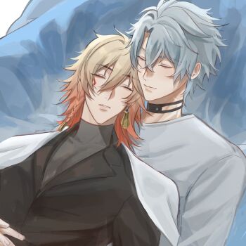 Rule 34 | 2boys, antenna hair, arm tattoo, black choker, black jacket, black shirt, blonde hair, braid, chest tattoo, choker, closed eyes, commentary, earrings, facial tattoo, gold earrings, gradient hair, highres, honkai: star rail, honkai (series), htm 166, hug, jacket, jewelry, male focus, medium hair, multicolored hair, multiple boys, mydei (honkai: star rail), neck tattoo, parted bangs, phainon (honkai: star rail), red hair, red tattoo, shirt, short hair, side braid, sleeping, sleeping on person, sun symbol, sun tattoo, tan, tattoo, turtleneck, turtleneck shirt, untranslatable commentary, white hair, white shirt, yaoi