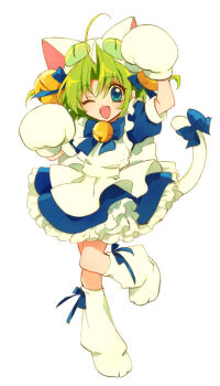 Rule 34 | 1girl, :d, ahoge, akiyama enma, animal hands, animal hat, arm up, bell, blue dress, blue eyes, bow, bowtie, cat hat, commentary request, curtained hair, dejiko, di gi charat, dress, frilled dress, frills, gloves, green hair, hair bell, hair ornament, hat, looking at viewer, neck bell, one eye closed, open mouth, paw gloves, paw shoes, petticoat, short hair, simple background, smile, solo, white background