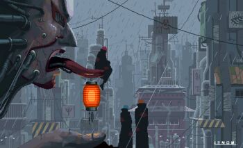 1girl 2boys akatsuki_uniform animated animated_gif artist_name blue_hair building city facing_away grey_sky highres iemon_(iweymon) industrial_pipe konan_(naruto) lantern looping_animation multiple_boys nagato_(naruto) naruto_(series) naruto_shippuuden orange_hair outdoors pain_(naruto) paper_lantern pixel_art power_lines rain red_hair scenery sign sky swinging_legs