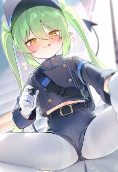 1girl 1other :3 :q armband artist_name backpack bag beamed_eighth_notes belt belt_buckle black_bag black_belt black_shorts black_tail blue_archive blue_armband blue_hat blue_jacket blurry blurry_background blush buckle buttons charm_(object) closed_mouth demon_girl demon_tail depth_of_field dot_nose double-breasted dutch_angle eighth_note eyes_visible_through_hair feet_out_of_frame furrowed_brow girl_on_top gloves green_hair hair_between_eyes half-closed_eyes halftone halftone_background hand_up hashtag-only_commentary hat heart heart_in_eyelashes highres holding holding_marker holding_pen indoors jacket loli long_hair long_sleeves looking_at_viewer marker midriff_peek musical_note nozomi_(blue_archive) panties panties_under_pantyhose panties_under_shorts panty_peek pantyhose pantyhose_under_shorts peaked_cap pen pointy_ears pov prank reaching reaching_towards_viewer shirt short_shorts shorts sidelocks signature sitting sitting_on_person smile solo_focus spread_legs suikan_pipe tail thighband_pantyhose thighs tongue tongue_out twintails twitter_username underwear very_long_hair whistle white_gloves white_panties white_pantyhose white_shirt yellow_eyes