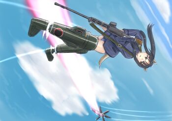 12girl 1girl animal_ears black_hair blue_jacket blue_ribbon blue_sky brown_eyes cloud commentary_request dog_ears dog_tail energy_beam flying gun hair_ribbon hattori_shizuka jacket keyboardnoob machine_gun magazine_(weapon) military_uniform neuro-sama neuroi ribbon school_swimsuit sky solo strike_witches striker_unit swimsuit tail translation_request weapon weapon_request world_witches_series