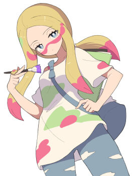 1girl blonde_hair bright_pupils closed_mouth eyelashes facepaint grey_eyes half-closed_eyes hiyoshipow holding long_hair looking_at_viewer mina_(pokemon) multicolored_hair nintendo paint paintbrush pants pokemon pokemon_sm shirt short_sleeves solo white_background white_shirt