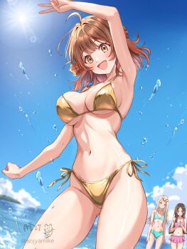 3girls aqua_bikini arm_up artist_name beach bikini blonde_hair blush brown_hair commentary_request day gakuen_idolmaster gold_bikini hanami_ume highres idolmaster kuramoto_china long_hair multiple_girls navel open_mouth outdoors pink_bikini shinosawa_hiro short_hair side-tie_bikini_bottom skindentation skinny smile solo_focus standing stomach swimsuit tsukiyuki_mike v