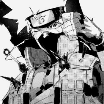 Rule 34 | 1boy, black headband, black mask, felipe magana, fingerless gloves, flak jacket, furrowed brow, gloves, greyscale, hatake kakashi, headband, highres, jacket, konohagakure shinobi uniform, konohagakure symbol, kunai, male focus, mask, monochrome, mouth mask, naruto (series), one eye closed, scar, scar across eye, scar on face, screentones, sharingan, short hair, shuriken, solo, spiked hair, upper body, weapon, white hair