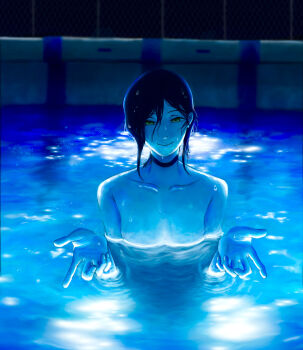 1girl absurdres black_choker black_hair breasts chainsaw_man choker closed_mouth commentary_request green_eyes hair_between_eyes highres looking_at_viewer nude partially_submerged pool r_(euvt8452) reze_(chainsaw_man) small_breasts smile solo water