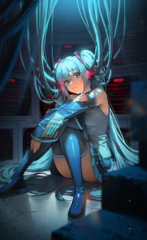 Rule 34 | 1girl, absurdres, aqua eyes, aqua hair, aqua necktie, bare shoulders, black skirt, black sleeves, black thighhighs, blue eyes, blue hair, breasts, closed mouth, commentary, daae, detached sleeves, grey shirt, hair between eyes, hatsune miku, headset, highres, long hair, looking at viewer, medium breasts, necktie, pleated skirt, shirt, shoes, sitting, skirt, sleeveless, sleeveless shirt, solo, thighhighs, thighs, twintails, very long hair, vocaloid
