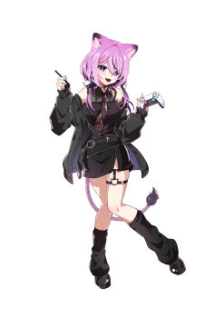 1girl :3 animal_ears belt black_camisole black_jacket black_shoes black_skirt camisole cat_ears cat_girl cat_tail controller detached_collar fangs game_controller highres holding holding_controller holding_game_controller holding_stylus indie_virtual_youtuber jacket lili_mdoki looking_at_viewer loose_socks necktie open_mouth original pink_hair purple_eyes shoes skirt socks star-shaped_pupils star_(symbol) stylus symbol-shaped_pupils tail thigh_strap virtual_youtuber white_background zipper_skirt
