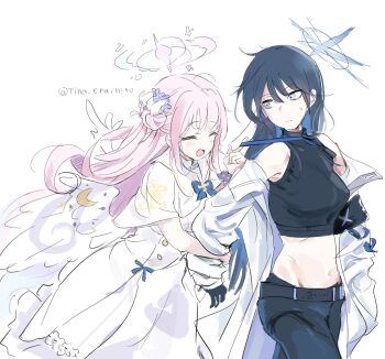 2girls :d ^_^ bare_shoulders black_shirt blue_archive blue_hair blue_halo candy_moon777 closed_eyes closed_mouth coat colored_inner_hair commentary cowboy_shot cropped_shirt dress grabbing_another's_arm halo highres long_hair long_sleeves midriff mika_(blue_archive) multicolored_hair multiple_girls navel off_shoulder open_clothes open_coat open_mouth pink_hair pink_halo saori_(blue_archive) shirt short_sleeves simple_background sleeveless sleeveless_shirt smile twitter_username white_background white_coat white_dress