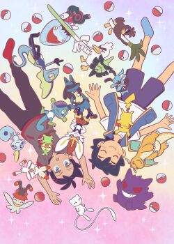 2boys apple ash_ketchum black_hair blue_eyes blue_vest cinderace closed_eyes closed_mouth dracovish dragonite drizzile food fruit galarian_farfetch'd galarian_form gen_1_pokemon gen_4_pokemon gen_8_pokemon gengar goh_(pokemon) grey_shirt grookey highres inteleon legendary_pokemon lucario male_focus mew_(pokemon) multiple_boys mythical_pokemon nintendo open_clothes open_vest pants pikachu poke_ball poke_ball_(basic) pokemon pokemon_(anime) pokemon_journeys raboot red_socks riolu scorbunny shirt short_hair short_sleeves shorts shuan_0420 sirfetch'd smile sobble socks sparkle t-shirt vest white_shirt